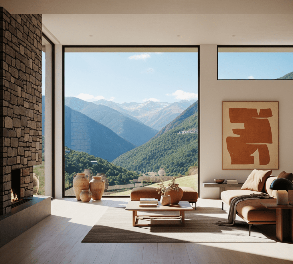 Chimenea moderna de piedra en salón con vistas a montañas de Andorra. El fuego encendido crea un ambiente acogedor y el ventanal muestra el paisaje verde y los valles de los Pirineos. La imagen representa un hogar cálido y limpio, listo para el invierno.