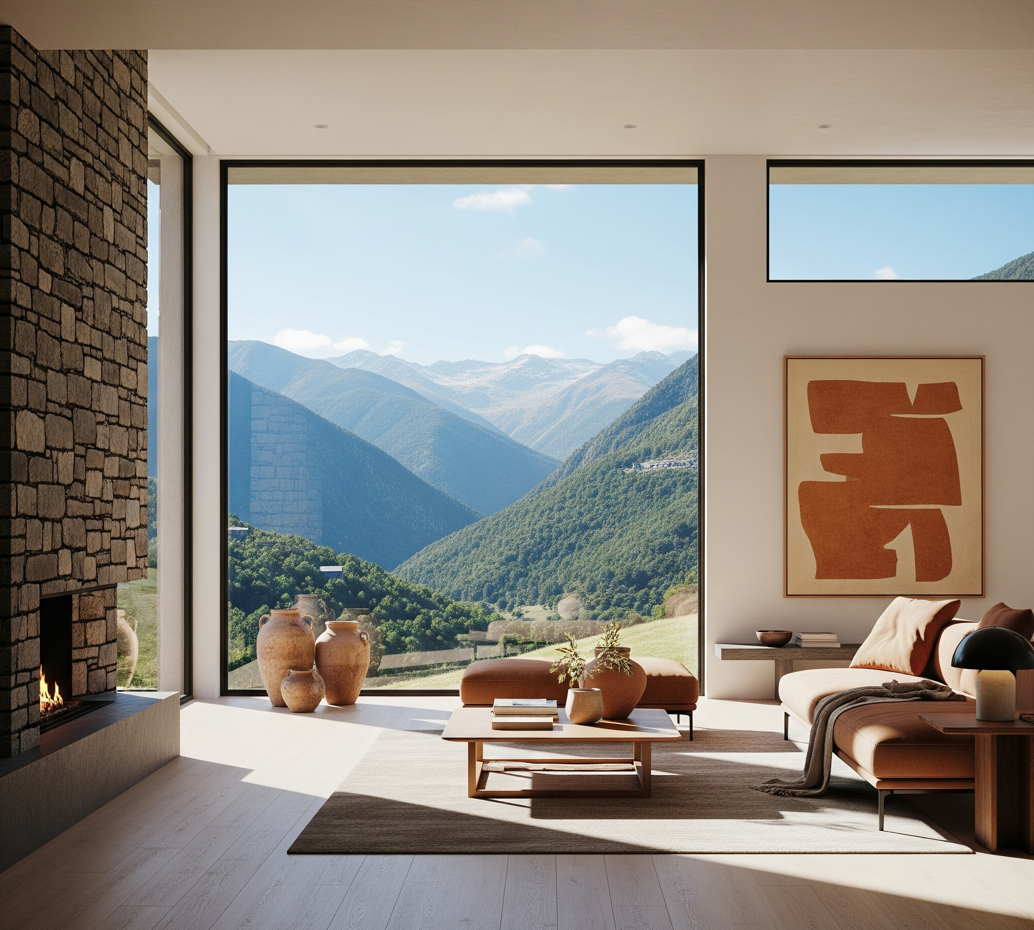 Chimenea moderna de piedra en salón con vistas a montañas de Andorra. El fuego encendido crea un ambiente acogedor y el ventanal muestra el paisaje verde y los valles de los Pirineos. La imagen representa un hogar cálido y limpio, listo para el invierno.