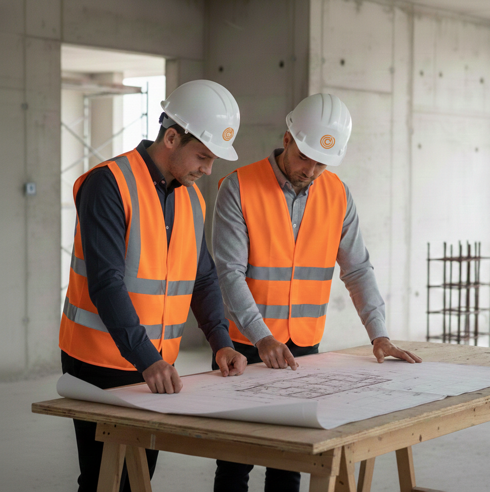 Dos profesionales de Decomant Group revisando planos de una reforma integral en un edificio de Andorra.