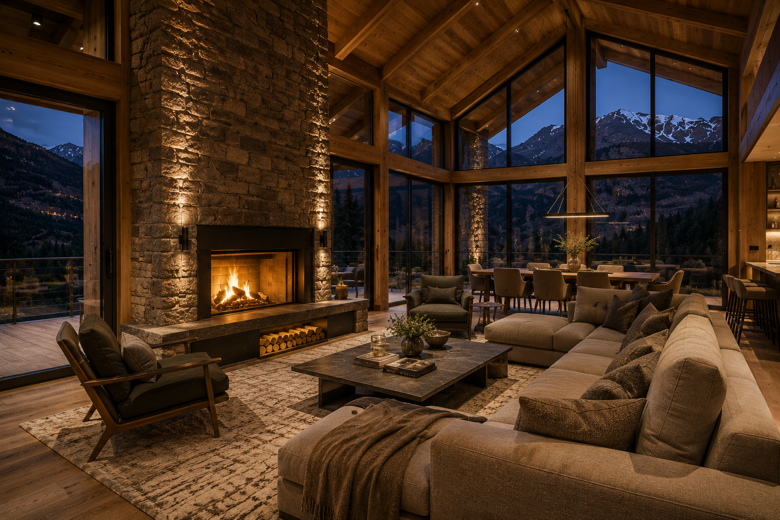 Interior d'un saló de luxe amb llar de foc de pedra, sostres alts de fusta i grans finestrals amb vistes a les muntanyes d'Andorra