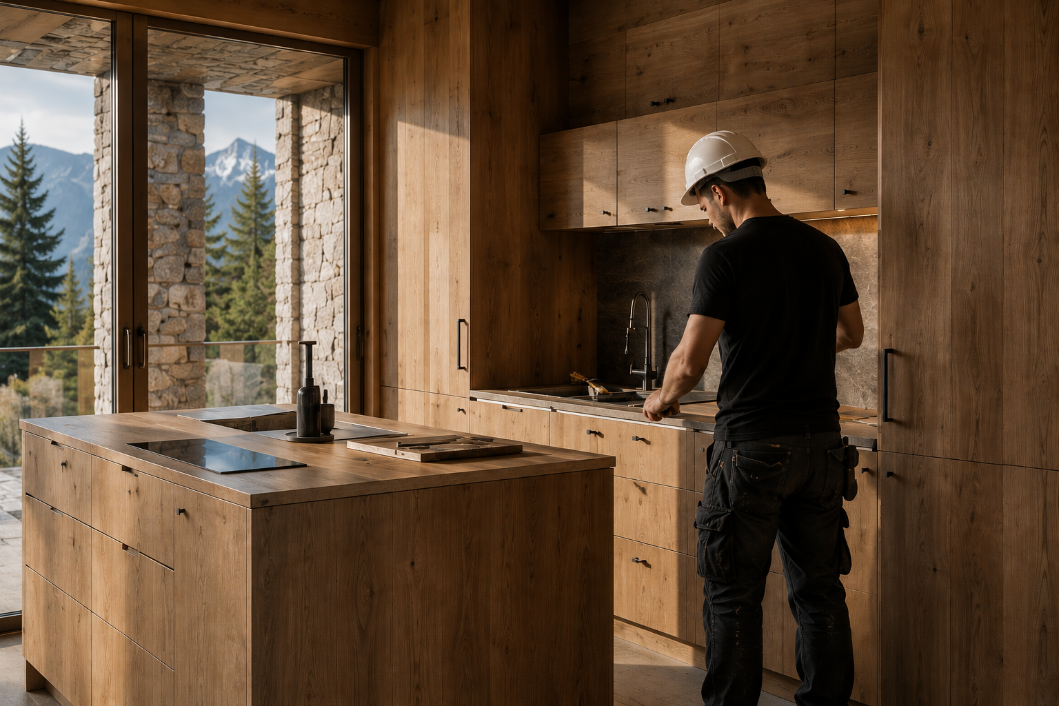 Operari treballant en la instal·lació d'una cuina de fusta de disseny modern i rústic d'alta qualitat, amb vistes a les muntanyes d'Andorra, durant un projecte de construcció i reformes.