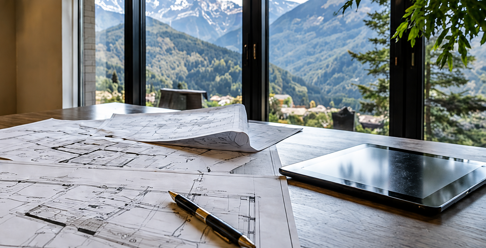 Plànols tècnics d'arquitectura, bolígraf i tauleta sobre una taula de fusta amb vistes a les muntanyes d'Andorra, representant la fase inicial de construcció i reformes de Decomant Group.